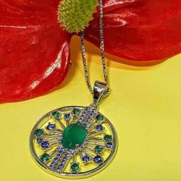 Natural Green Agate & CZ 925 Sterling Silver Necklace - Picture 1 of 7